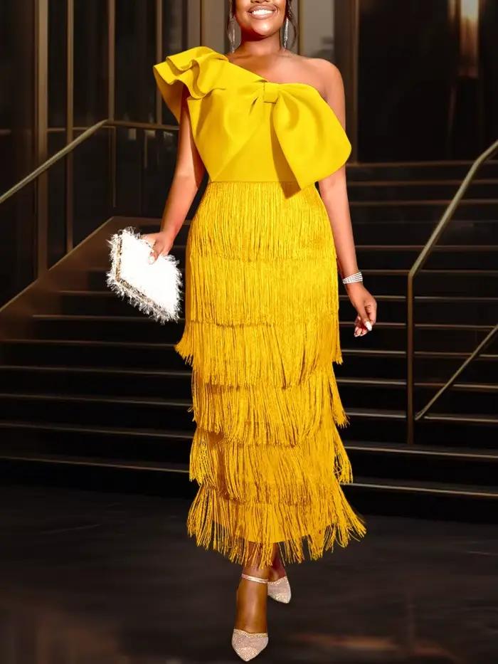 Une épaule frange longues robes pour femmes jaune arc volants manches Empire couches gland soirée an