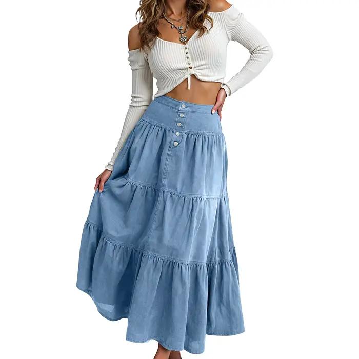 Jupe en jean femme Boho élégant à volants grand ourlet a-ligne décontracté mode jupe longue 2025 pri