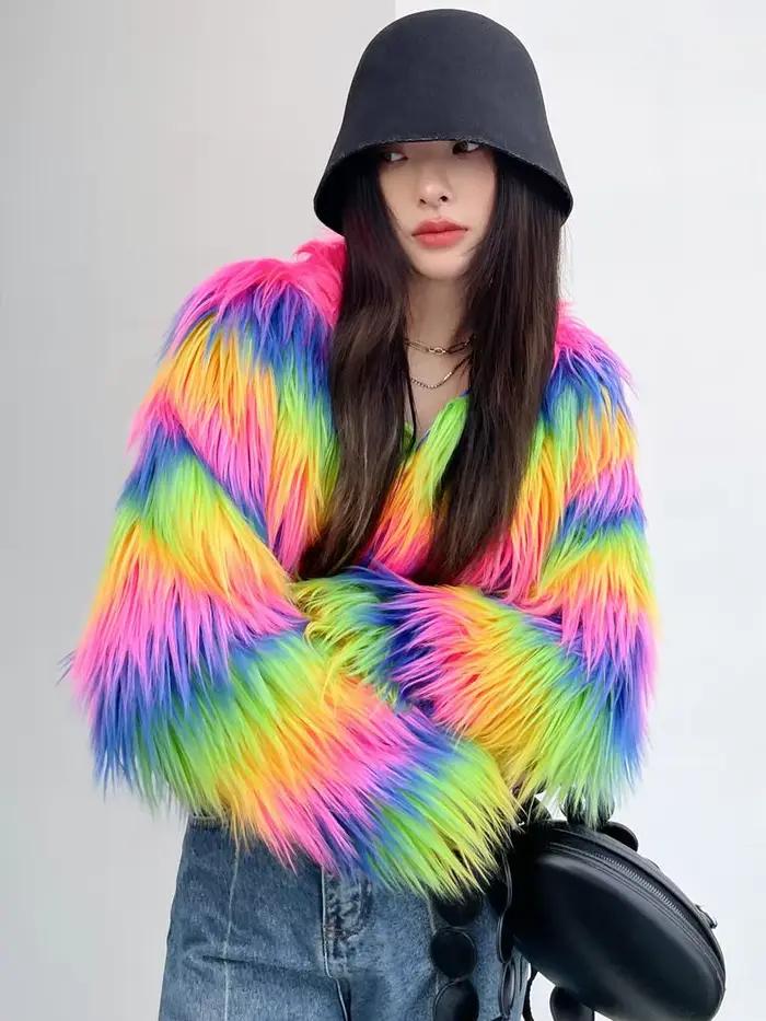 Manteau en fausse fourrure arc-en-ciel pour femme, Streetwear chaud pour femme, col rond, manches lo