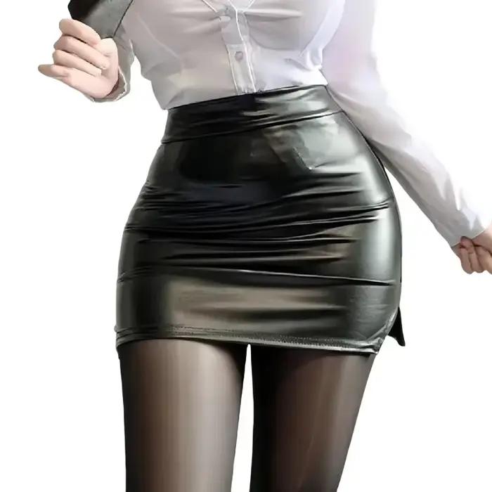 Mode coréenne taille haute en cuir noir a-ligne jupes plissées Sexy portefeuille hanches courte Mini