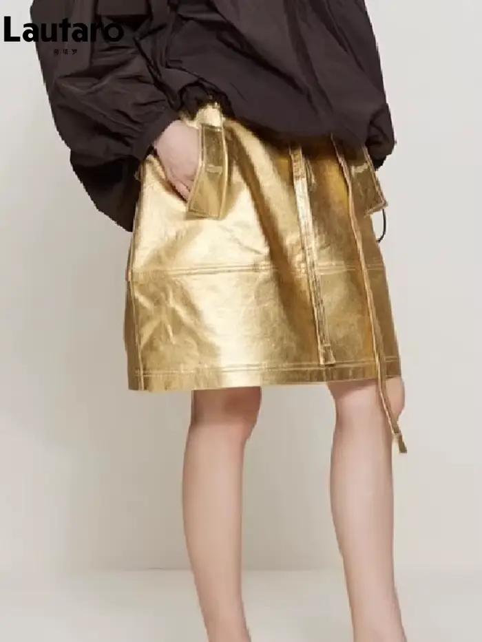 Lautaro – jupe en Faux cuir doré brillant pour femmes, avec ceintures, ligne A, vêtements de Style c