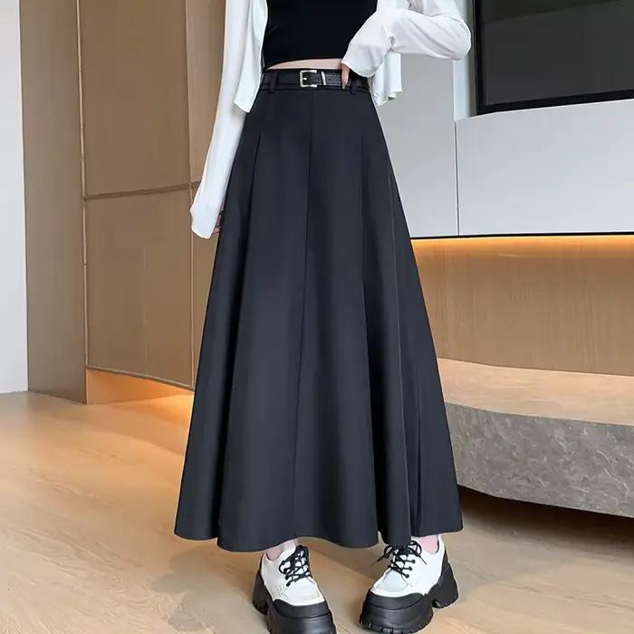 Jupe Longue Plissée Noire Élégante de Style Coréen pour Femme, Vêtement Midi, Tenue de Bureau, Nouve