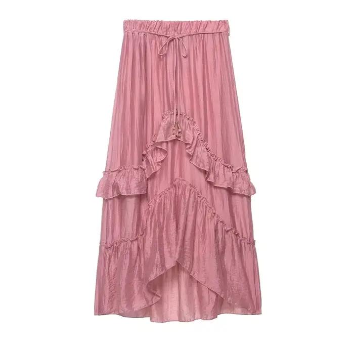 Jupe longue rose à volants superposés pour femme, taille haute élastique avec cordon de serrage, our
