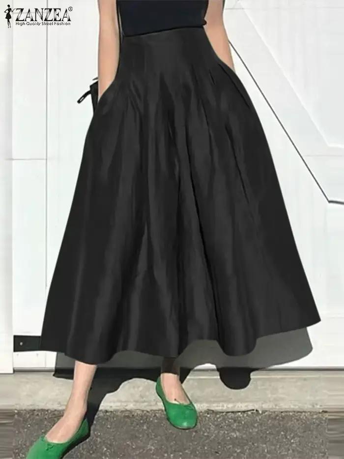 Mode femmes jupes longues ZANZEA été solide Jupe plissée Eelgant une ligne fête travail robes taille