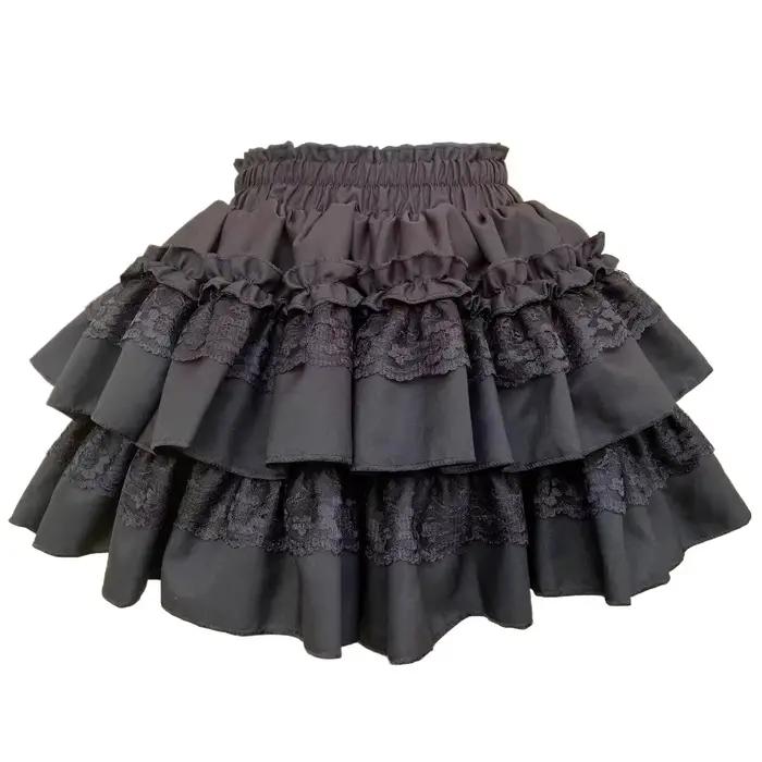 Mini-jupe noire pour femme, jupe-short à volants superposés avec bordure en dentelle, avec short int
