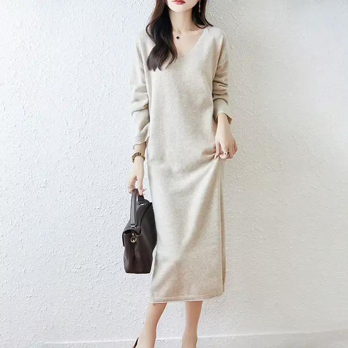 Nouvelle jupe en laine en automne et en hiver, col en v, robe pull ample décontractée, mode Joker, r