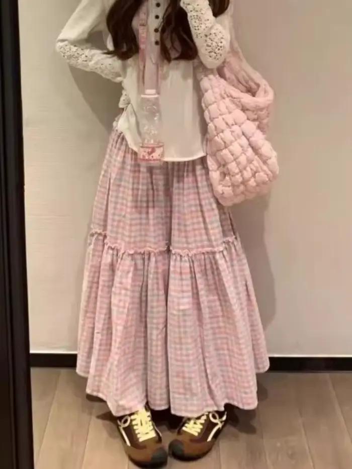 Jupes mi-longues décontractées Y2K pour femmes, coupe trapèze, à carreaux rose bonbon, style japonai