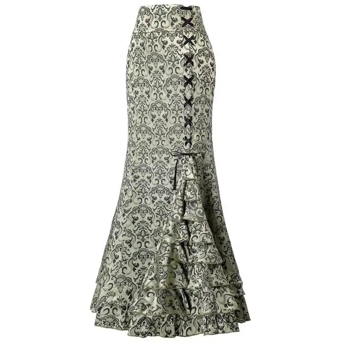 Jacquard sirène jupe moulante Vintage Maxi étage femmes à lacets jupe à volants élégant longue flora