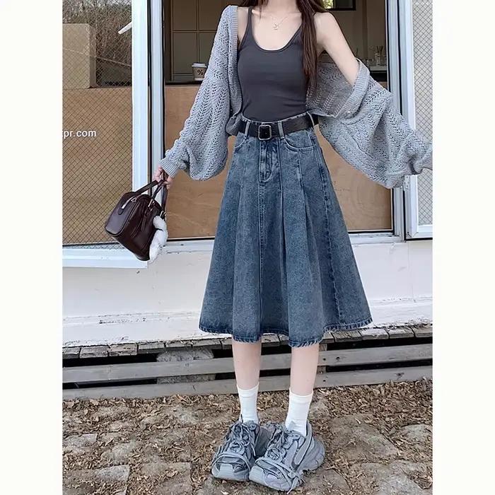 Jupe en jean plissée taille haute et coupe évasée pour le printemps et l'automne 2026