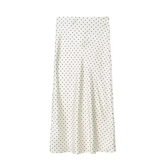 Jupe longue mi-longue à pois taille haute en satin fluide pour femme ETJ, collection Printemps 2026