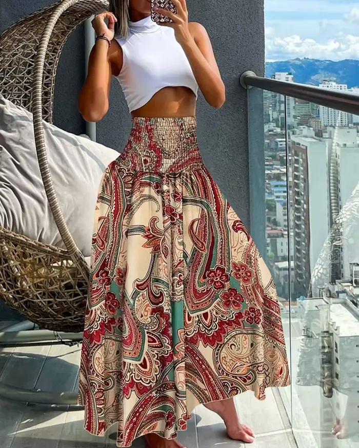 Jupe longue à taille haute élastique pour femmes, imprimé paisley, style bohème, jupe maxi fluide, j
