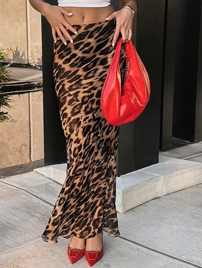 Jupe longue en mousseline de soie à imprimé léopard pour femmes, vêtements d'été sexy, mode décontra
