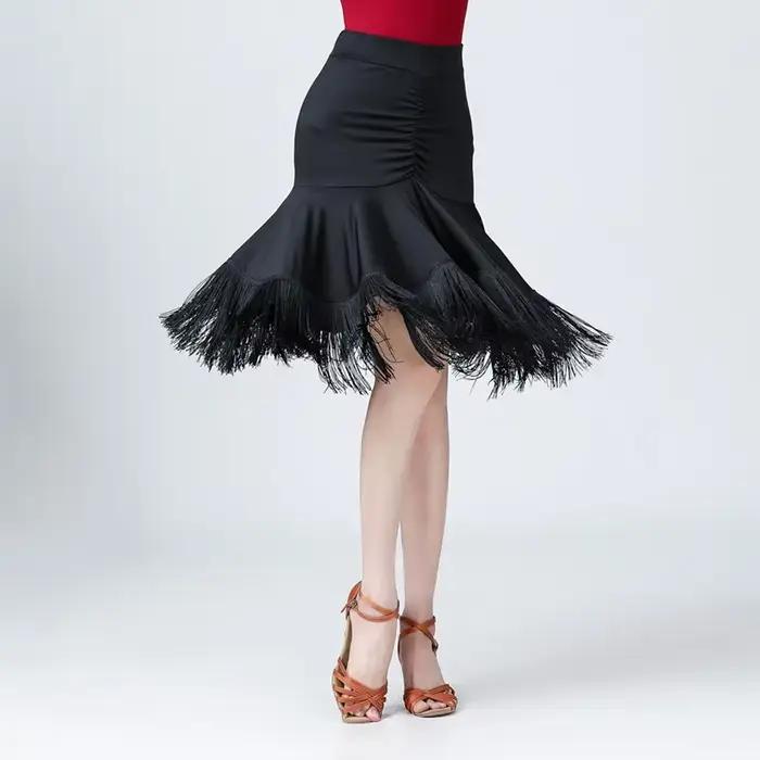 Femmes danse latine gland jupe noir Rumba Salsa Cha Cha pratique Performance jupe haute élastique ce