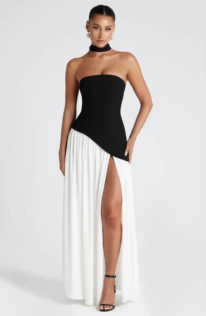 Nouvelles robes 2025 femme mode été gaine couleur unie robe fendue Sexy dos nu haute fente jupe vête