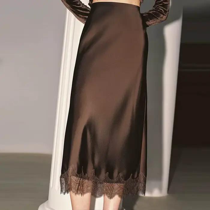 Jupon long élégant en satin avec dentelle pour femme, demi-jupons doux et soyeux pour sous-robes, ju