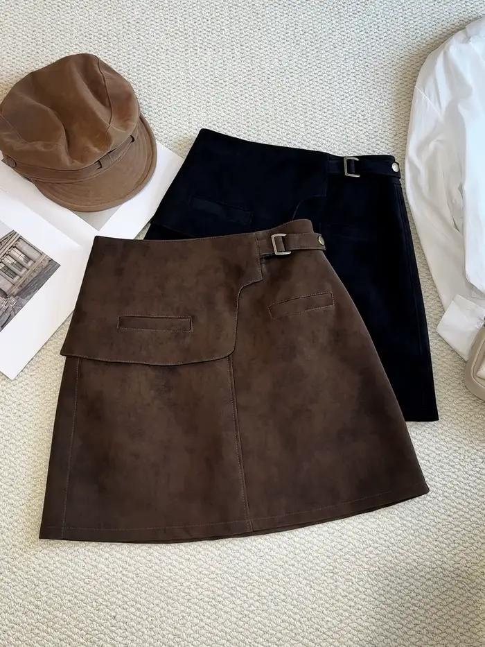 Mini-jupe trapèze taille haute en daim couleur café avec ourlet irrégulier pour femme – Jupe courte