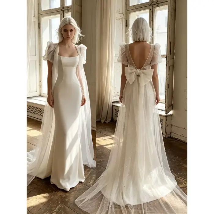Robe de mariée sirène élégante et ajustée en satin luxueux à col carré personnalisé, manches bouffan