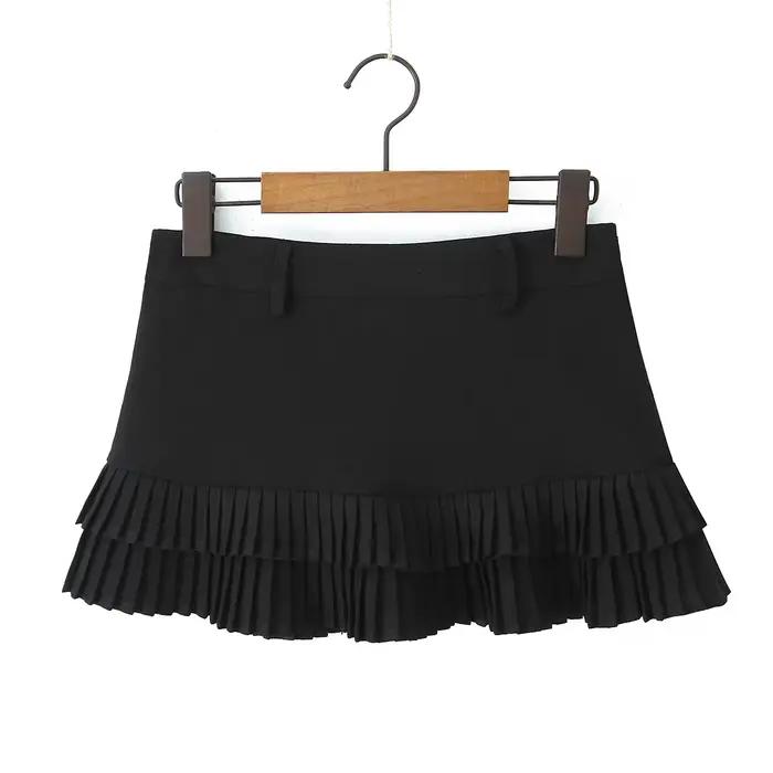 Vêtements d'été Tweed jupe plissée femmes noir Mini jupes pour femme Preppy taille basse plissée cou