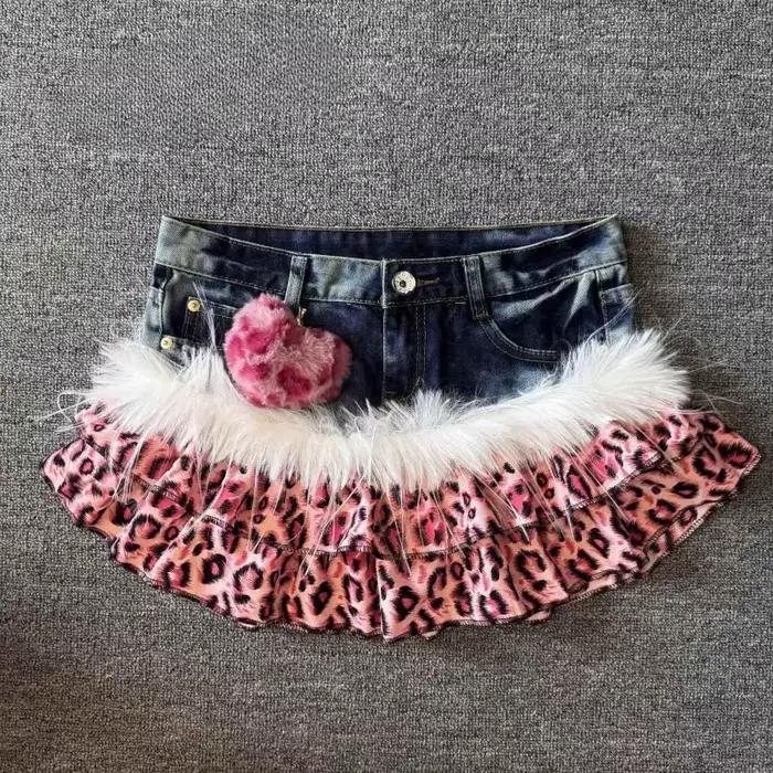 Mini-jupe en jean vintage à imprimé léopard rose, style Y2K, patchwork, pour filles tendance, tenues