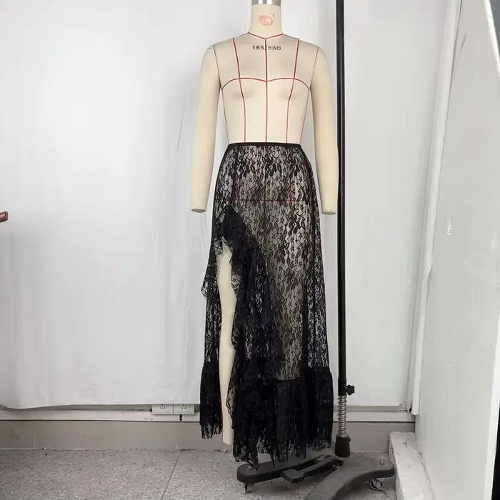Jupes Femme Mi-longues Coupe Trapèze Taille Haute Ajustée Dentelle Florale Décontractée Volants Uni