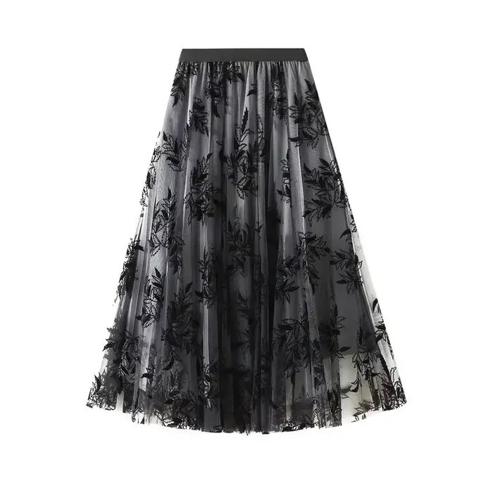 Jupe longue en mousseline imprimée floquée pour femme, coupe trapèze, grande ampleur, motif floral,