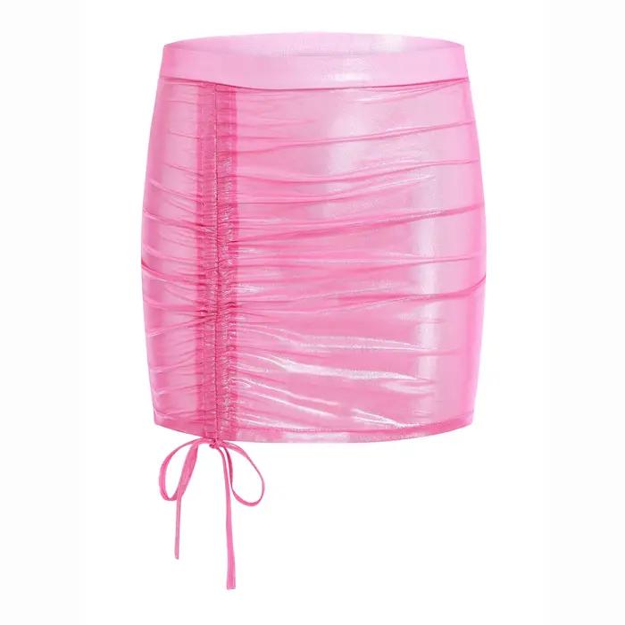 Jupe courte transparente avec cordon de serrage réglable pour femmes, jupe serrée transparente, méta