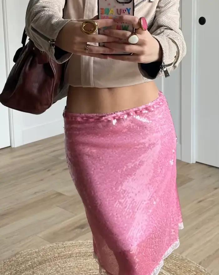 Nouvelles femmes mode jupes mi-longues paillettes dentelle garniture taille basse jupes été moulante