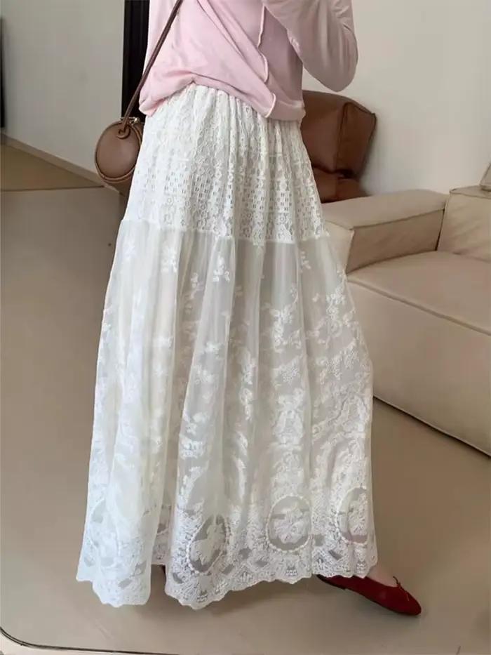 Jupe longue en dentelle blanche française pour femmes, taille haute, ligne a, style bohémien, vêteme