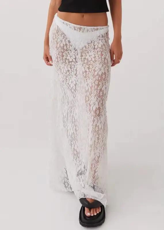 Jupe longue taille basse en dentelle florale pour femme, jupes mi-longues transparentes, coupe couve
