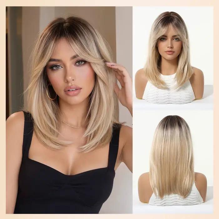 Perruque longue et droite ombrée blond-brun pour femmes avec frange douce, en fibre synthétique rési