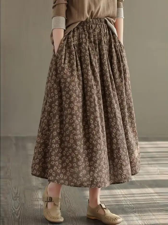 Nouveauté 2025 automne Style Vintage imprimé fleuri ample confortable dames élégante a-ligne jupe lo