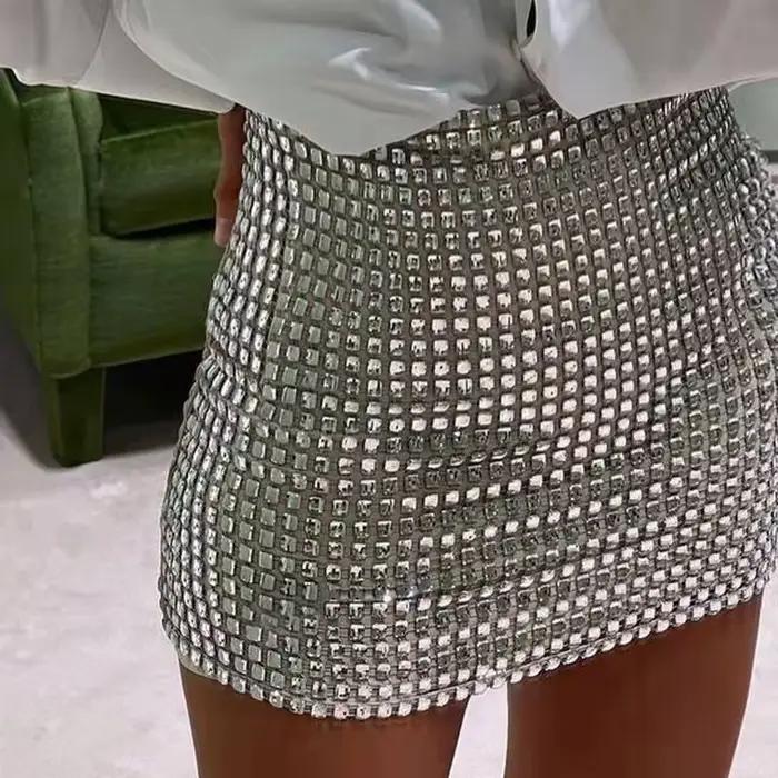 Été femmes paillettes mince a-ligne jupe dames Wrap hanche solide argent maille jupe femme décontrac