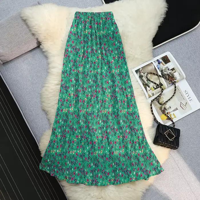 Jupe sirène élégante Seoulish à imprimé floral vert pour femme, taille haute, coupe trapèze, longue,