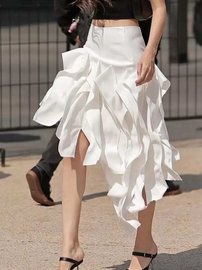 Nouvelle jupe asymétrique à volants cascade pour femme, taille haute, fermeture éclair, coupe ajusté