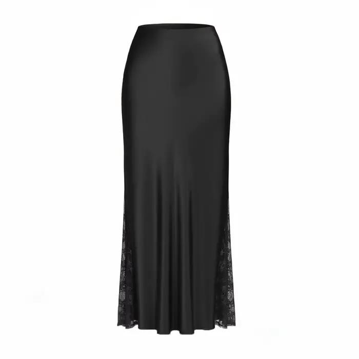 Jupe longue évasée taille haute élastique avec dentelle latérale pour femme, style cache-cœur, qui e