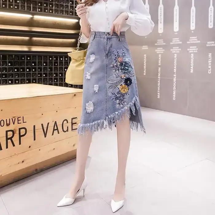 Jupe en jean mi-longue taille haute potelée pour femme, frange, vêtements bon marché, esthétique tra