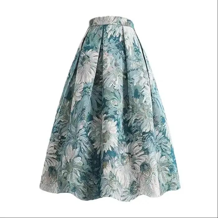 Bleu ciel peinture florale Chic taille haute robe de bal a-ligne jupe ample pour femmes longueur aux