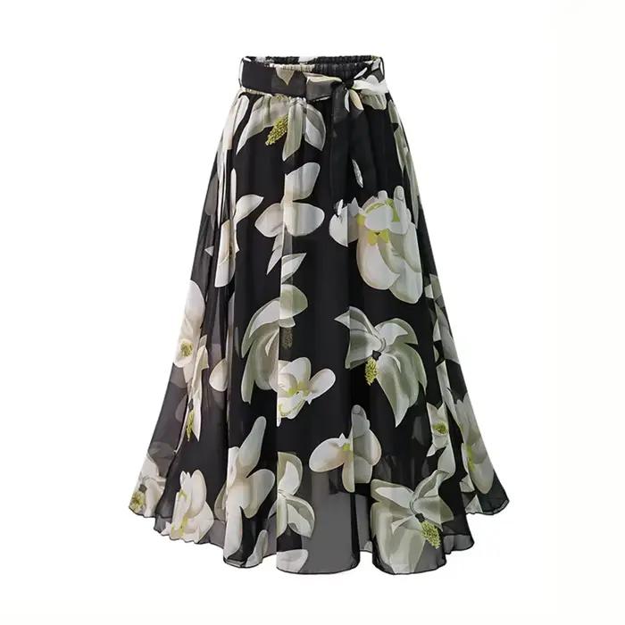 Grande taille imprimé Jupe florale femmes 2024 été ample élastique taille haute en mousseline de soi