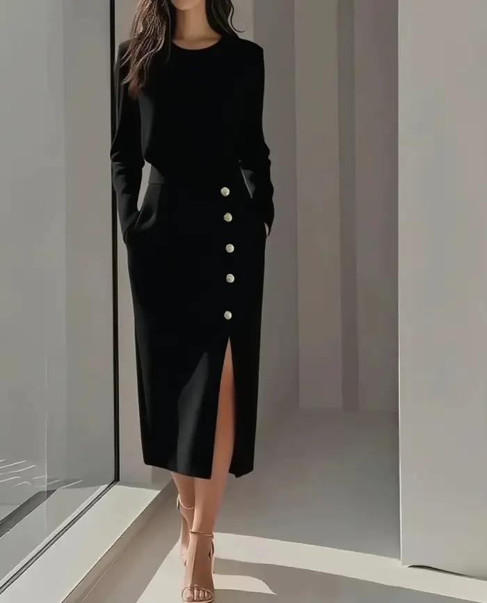 Robe midi élégante pour femme à manches longues, col rond, boutonnée sur le devant, avec fente haute