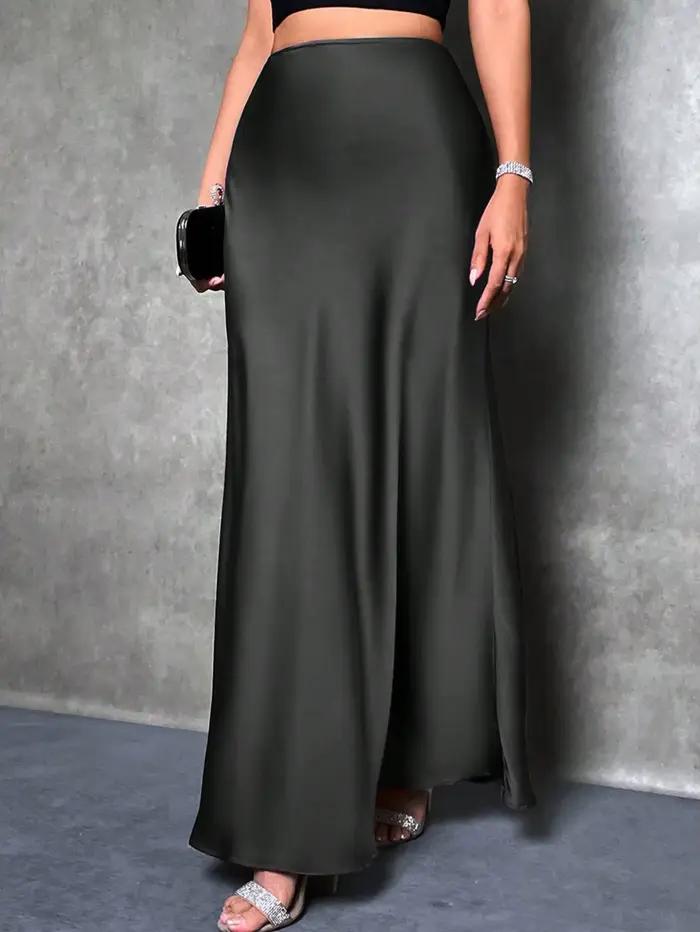 Jupe élégante en satin de couleur unie à taille haute, jupe grande taille pour femmes, adaptée au pr