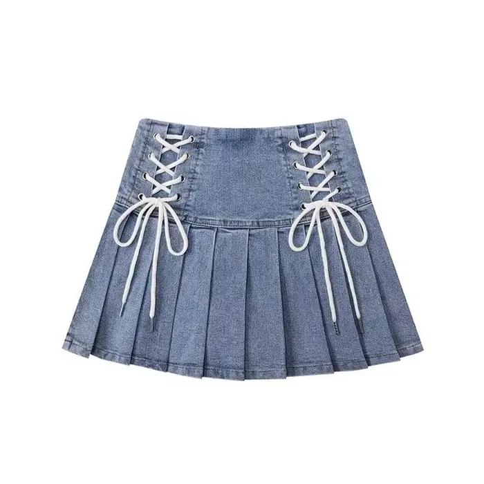 Denim jupes plissées femmes mignon à lacets Chic fille été Mini jupe Style coréen mode Sexy taille h