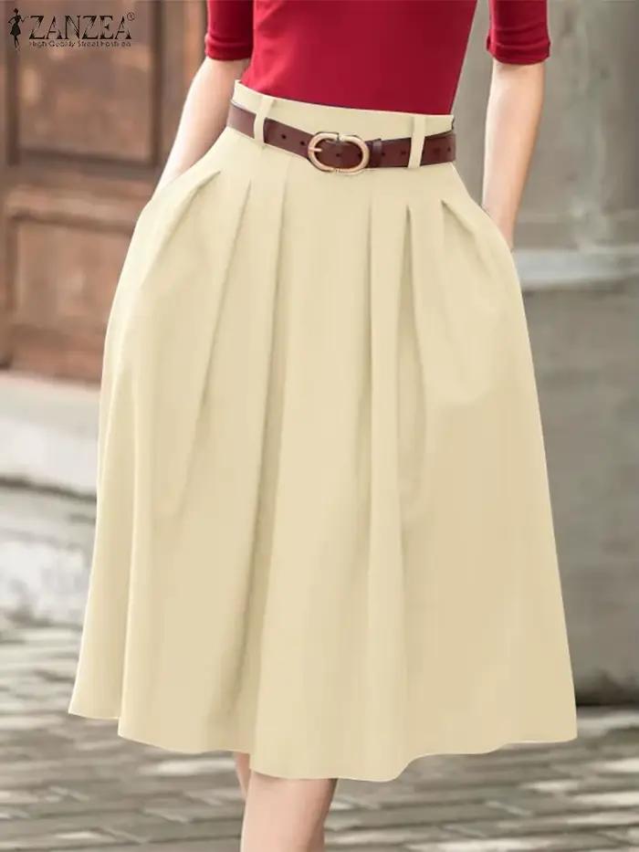 ZANZEA été solide Jupe Midi femmes élégantes taille haute travail OL Jupes mode a-ligne Jupes élégan
