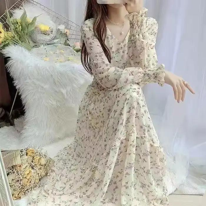 Robe longue élégante de style coréen à manches longues, taille haute, col en V, imprimé floral, en m