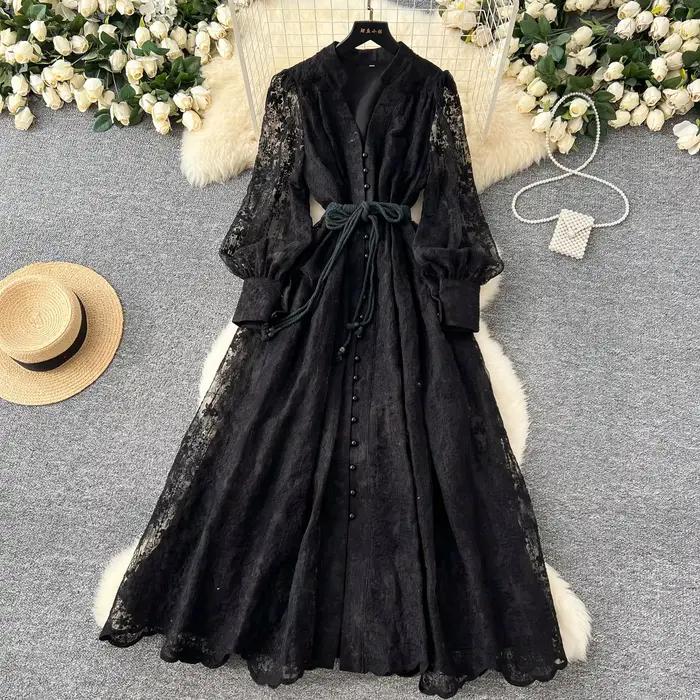 Luxe élégant Vintage broderie florale longue robe femmes printemps été à manches longues simple bout