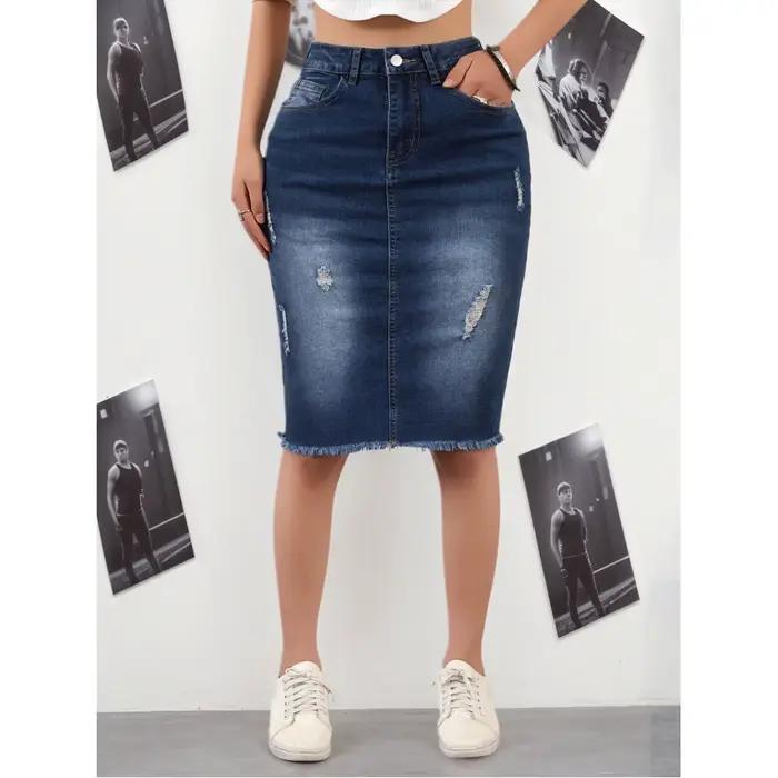 Jupe en jean décontractée bleu foncé pour femme, coupe mi-longue, ourlet déchiré, style portefeuille
