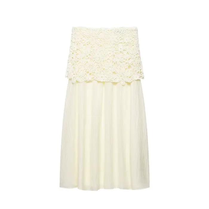 Jupe longue mi-longue décontractée pour femme HH, taille haute, en dentelle patchwork, tissu froissé