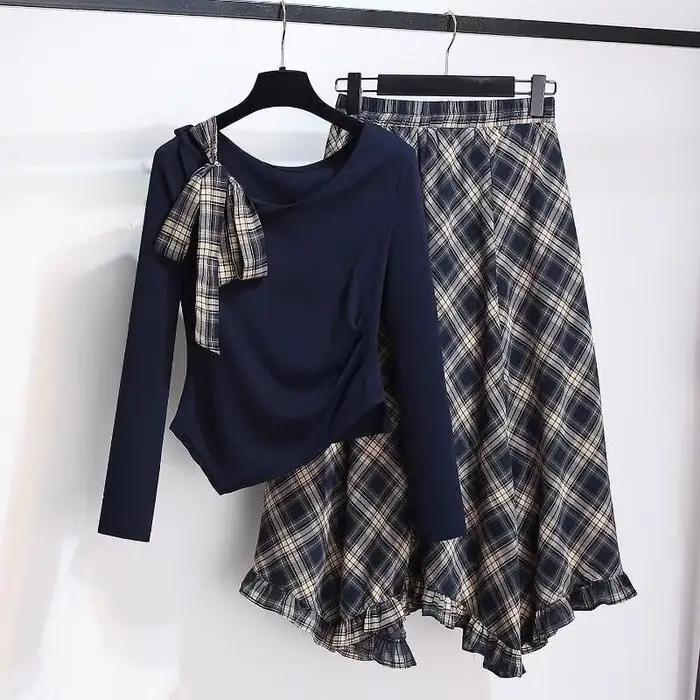 Ensemble jupe mi-longue en mousseline à carreaux tendance avec manches longues asymétriques, nouvell