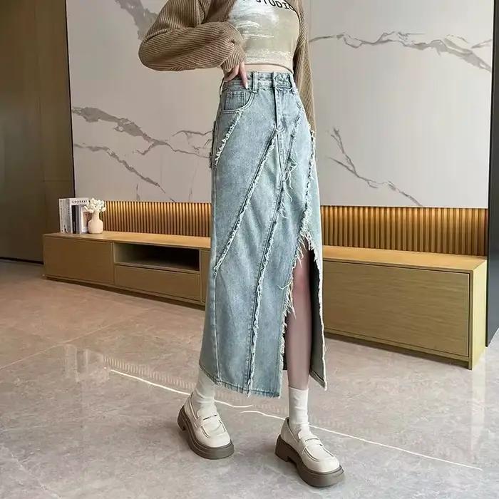Jupe mi-longue évasée taille haute amincissante avec franges asymétriques pour femme, en denim de co
