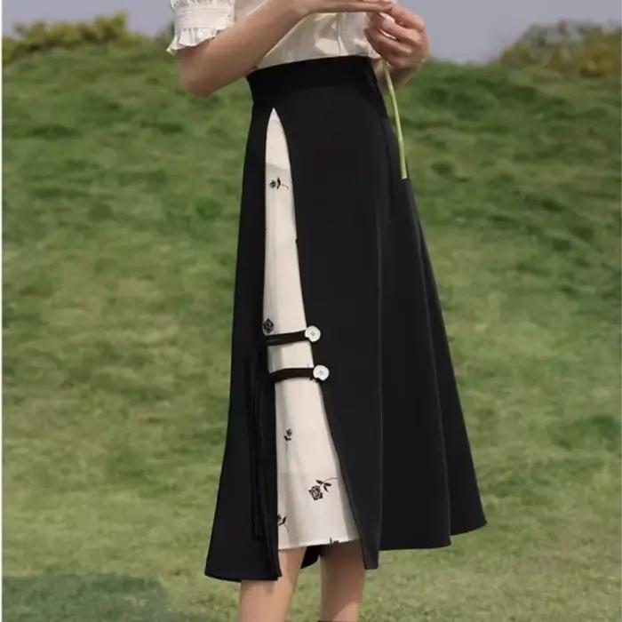 Jupes taille haute de style chinois pour femmes, jupe trapèze épissée, imprimé floral, mode d'été, n