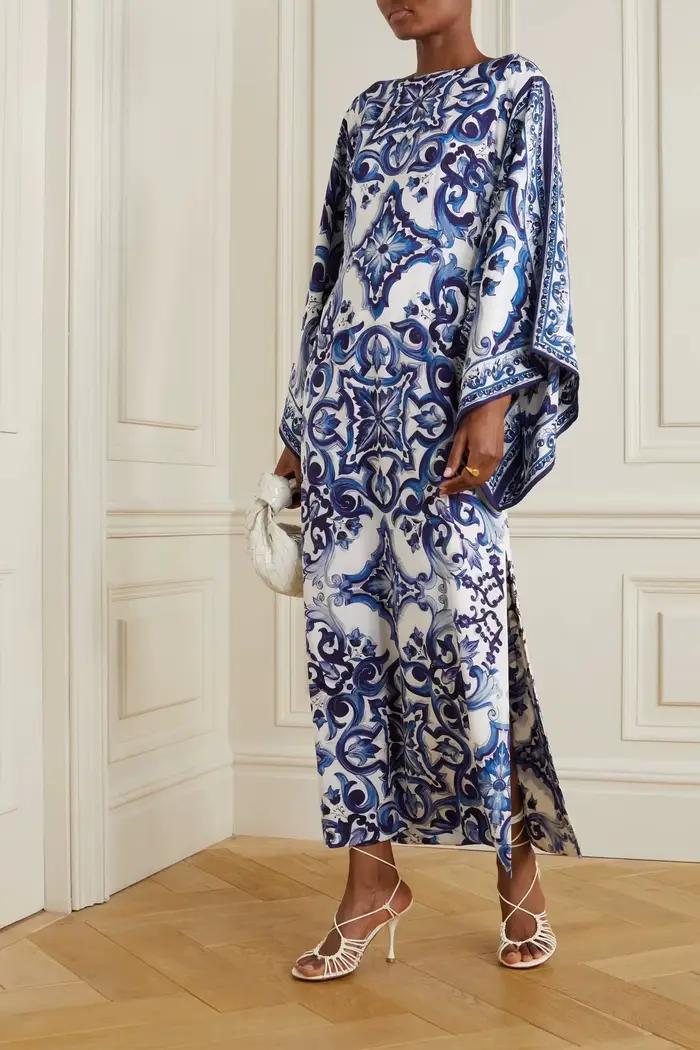 Jupe longue élégante à motif rétro imprimé pour femmes, tenue de soirée élégante, col rond, manches